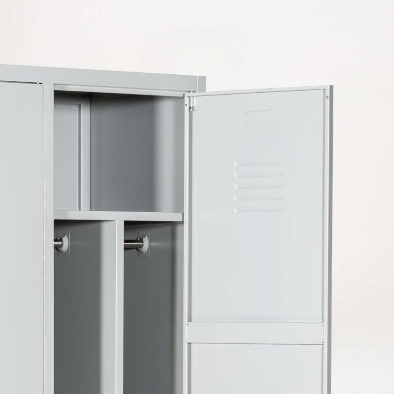 Parte superior de la taquilla 1 puerta 3 cuerpos gris con separación ropa limpia/sucia abierta