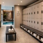 Taquillas para spa en vestuario moderno con banco integrado, zona de lavabos y acceso a piscina interior en un entorno wellness de diseño elegante.